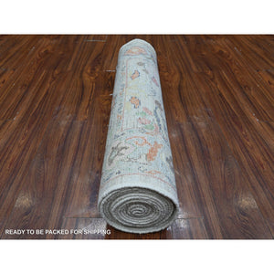 3'x16'4" Baby Blue, Soft Pile, Hand Knotted, Wool Weft, Natural Dyes, Tribal Flower And Leaf Design, Afghan Angora Oushak, Xl Runner Oriental Rug FWR532944