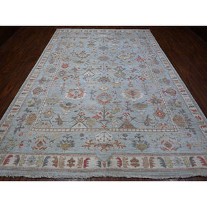 8'10"x12' Iceberg Blue, Colorful Tribal Elements All Over, Wool Foundation, Hand Knotted, Vegetable Dyes, Afghan Angora Oushak, Oriental Rug FWR533022