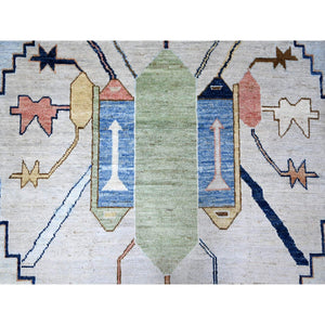 9'5"x14'7" Maya Blue, Tribal Village Anatolian Design, Hand Knotted, Vegetable Dyes, Central Medallion Design, Pure Vibrant Wool, Oriental Rug FWR533058