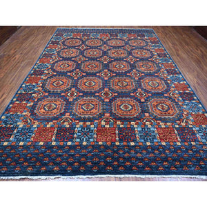 9'x11'10" Lapis Blue, Hand Knotted, Organic Wool, Vegetable Dyes, Classic Afghan Ersari with Elephant Feet Design, Reinvented Colors, Oriental Rug FWR533244