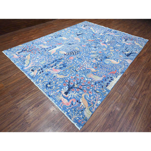9'x11'10" Marlin Blue, Organic Wool, Afghan Peshawar, Tree of Life, Birds of Paradise Design, Hand Knotted, Abrash Vegetable Dyes, Oriental Rug FWR533268