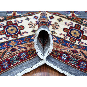 8'10"x12' Glaucous Blue, All Over Geometric Elements Afghan Super Kazak, Soft and Vibrant Wool, Hand Knotted, Vegetable Dyes, Oriental Rug FWR533490