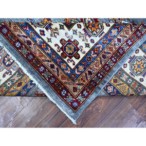 8'10"x12' Glaucous Blue, All Over Geometric Elements Afghan Super Kazak, Soft and Vibrant Wool, Hand Knotted, Vegetable Dyes, Oriental Rug FWR533490