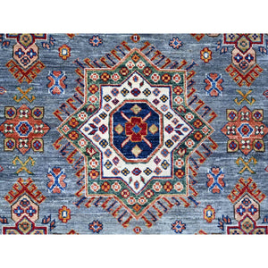 8'10"x12' Glaucous Blue, All Over Geometric Elements Afghan Super Kazak, Soft and Vibrant Wool, Hand Knotted, Vegetable Dyes, Oriental Rug FWR533490