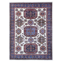 Load image into Gallery viewer, 9&#39;1&quot;x12&#39;2&quot; Shoreline White and Sapphire Blue, Hand Knotted Natural Dyes, Afghan Super Kazak With Large Tribal Medallions Design, Extra Soft Wool Oriental Rug FWR533496