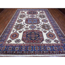 Load image into Gallery viewer, 9&#39;1&quot;x12&#39;2&quot; Shoreline White and Sapphire Blue, Hand Knotted Natural Dyes, Afghan Super Kazak With Large Tribal Medallions Design, Extra Soft Wool Oriental Rug FWR533496