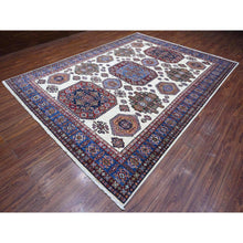 Load image into Gallery viewer, 9&#39;1&quot;x12&#39;2&quot; Shoreline White and Sapphire Blue, Hand Knotted Natural Dyes, Afghan Super Kazak With Large Tribal Medallions Design, Extra Soft Wool Oriental Rug FWR533496