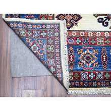 Load image into Gallery viewer, 9&#39;1&quot;x12&#39;2&quot; Shoreline White and Sapphire Blue, Hand Knotted Natural Dyes, Afghan Super Kazak With Large Tribal Medallions Design, Extra Soft Wool Oriental Rug FWR533496
