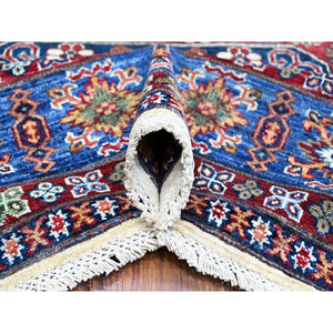 9'1"x12'2" Shoreline White and Sapphire Blue, Hand Knotted Natural Dyes, Afghan Super Kazak With Large Tribal Medallions Design, Extra Soft Wool Oriental Rug FWR533496