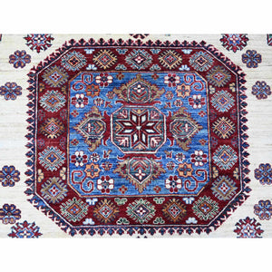 9'1"x12'2" Shoreline White and Sapphire Blue, Hand Knotted Natural Dyes, Afghan Super Kazak With Large Tribal Medallions Design, Extra Soft Wool Oriental Rug FWR533496