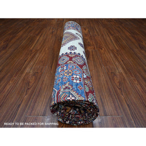 9'1"x12'2" Shoreline White and Sapphire Blue, Hand Knotted Natural Dyes, Afghan Super Kazak With Large Tribal Medallions Design, Extra Soft Wool Oriental Rug FWR533496