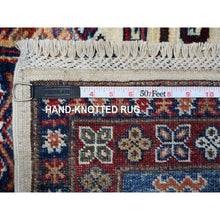 Load image into Gallery viewer, 9&#39;1&quot;x12&#39;2&quot; Shoreline White and Sapphire Blue, Hand Knotted Natural Dyes, Afghan Super Kazak With Large Tribal Medallions Design, Extra Soft Wool Oriental Rug FWR533496