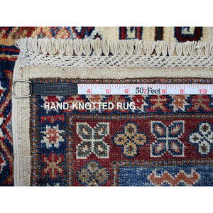 9'1"x12'2" Shoreline White and Sapphire Blue, Hand Knotted Natural Dyes, Afghan Super Kazak With Large Tribal Medallions Design, Extra Soft Wool Oriental Rug FWR533496