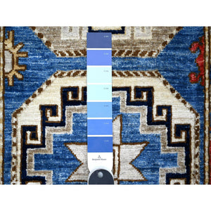 2'5"x11'8" Periwinkle Blue With Sidewalk Gray, Soft And Lush Pile 100% Wool, Natural Dyes, Hand Knotted Colorful Afghan Ersari With Elephant Feet Design, Runner Oriental Rug FWR533592