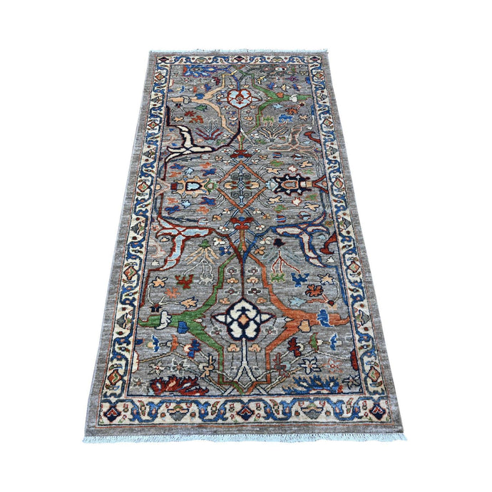 3'x6' Moon Gray, Hand Knotted Bidjar Garus Design Fine Aryana Collection, Pure and Velvety Wool, Natural Dyes Runner Oriental Rug FWR533610