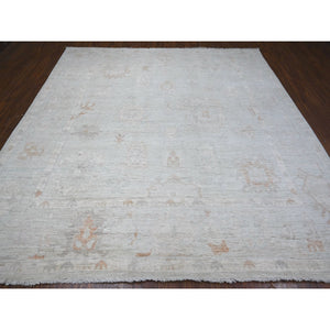 10'x10' Cornflower Blue, Rural Flower And Leaf Design, Faded, Wool Weft, Hand Knotted, Afghan Angora Oushak, Square Oriental Rug FWR533652