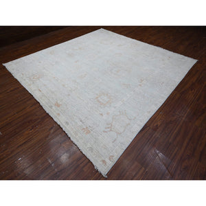 10'x10' Cornflower Blue, Rural Flower And Leaf Design, Faded, Wool Weft, Hand Knotted, Afghan Angora Oushak, Square Oriental Rug FWR533652