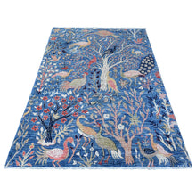 Load image into Gallery viewer, 5&#39;x7&#39; Spectrum Blue, Birds of Paradise Tree of Life Design, Hand Knotted, Afghan Peshawar, Natural Dyes Pure Wool, Oriental Rug FWR533682