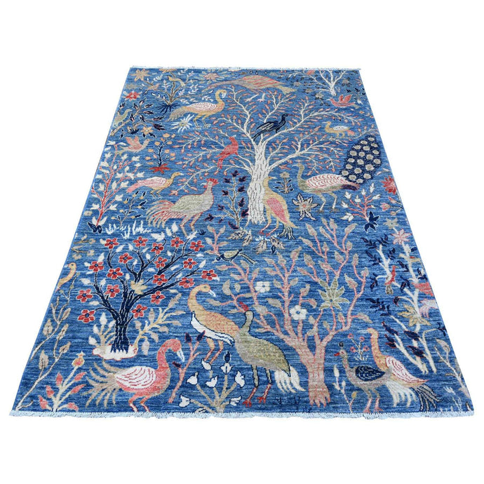 5'x7' Spectrum Blue, Birds of Paradise Tree of Life Design, Hand Knotted, Afghan Peshawar, Natural Dyes Pure Wool, Oriental Rug FWR533682