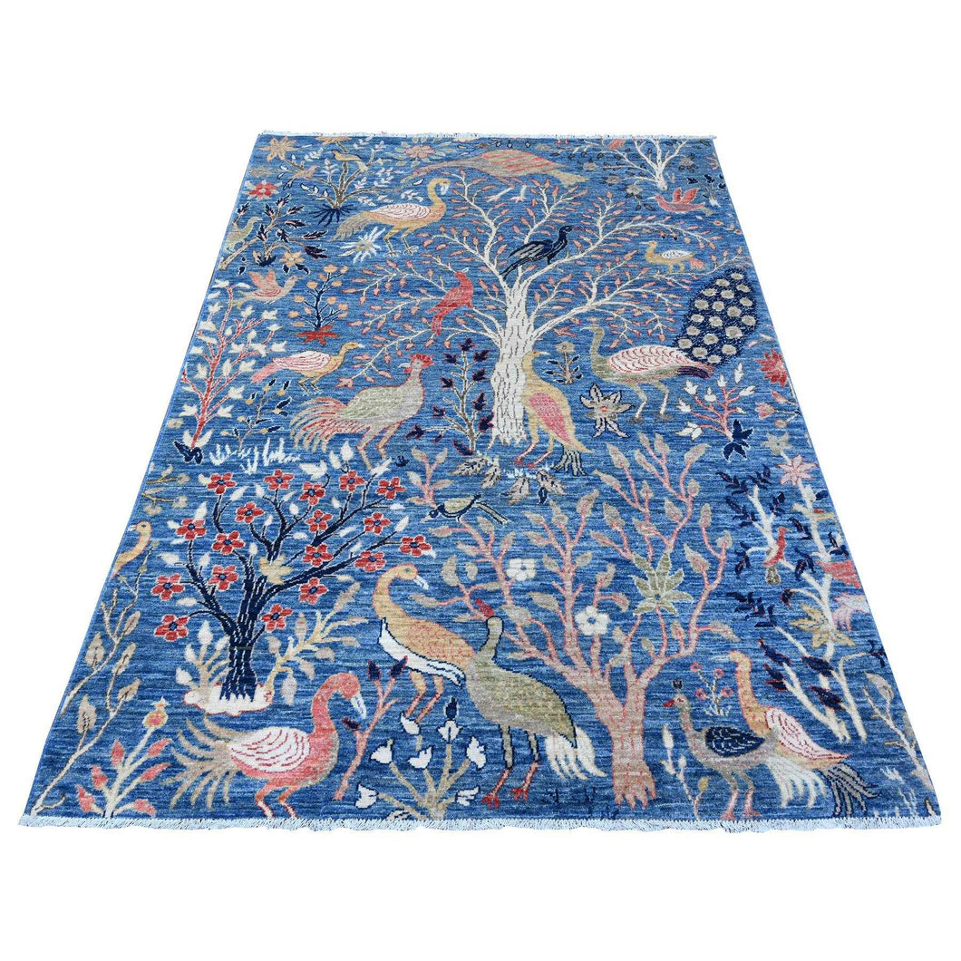 5'x7' Spectrum Blue, Birds of Paradise Tree of Life Design, Hand Knotted, Afghan Peshawar, Natural Dyes Pure Wool, Oriental Rug FWR533682
