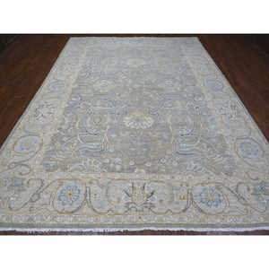 9'x11'7" Nimbus Gray With Silver Chalice Border, All Over Afghan Peshawar Design, Hand Knotted Densely Woven, Extra Soft Wool, Vegetable Dyes, Oriental Rug FWR533724