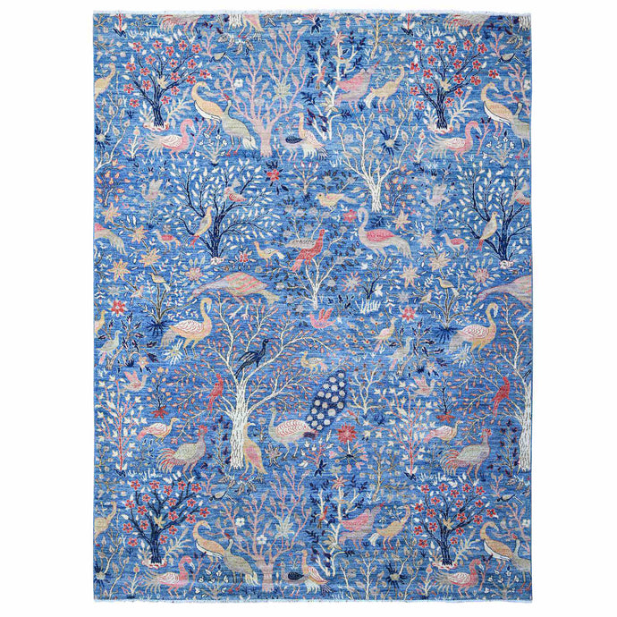 9'x12' Regal Blue, Vegetable Dyes, Hand Knotted, Natural Wool, Borderless Afghan Peshawar with Birds of Paradise Design, Oriental Rug FWR533796