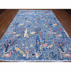 9'x12' Regal Blue, Vegetable Dyes, Hand Knotted, Natural Wool, Borderless Afghan Peshawar with Birds of Paradise Design, Oriental Rug FWR533796