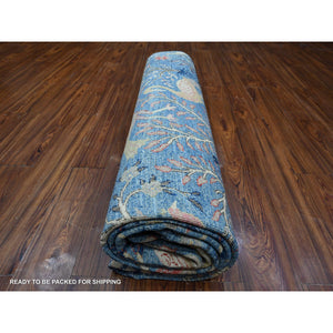 9'x12' Regal Blue, Vegetable Dyes, Hand Knotted, Natural Wool, Borderless Afghan Peshawar with Birds of Paradise Design, Oriental Rug FWR533796