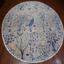 Load image into Gallery viewer, 10&#39;x10&#39; Tempered Gray, Afghan Peshawar, Hand Knotted Organic Wool, Colorful Birds of Paradise, Natural Dyes, Round Oriental Rug FWR533838
