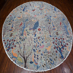 10'x10' Tempered Gray, Afghan Peshawar, Hand Knotted Organic Wool, Colorful Birds of Paradise, Natural Dyes, Round Oriental Rug FWR533838