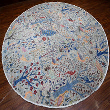 Load image into Gallery viewer, 10&#39;x10&#39; Tempered Gray, Afghan Peshawar, Hand Knotted Organic Wool, Colorful Birds of Paradise, Natural Dyes, Round Oriental Rug FWR533838