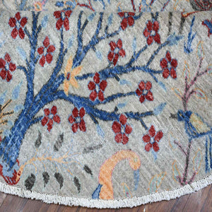 10'x10' Tempered Gray, Afghan Peshawar, Hand Knotted Organic Wool, Colorful Birds of Paradise, Natural Dyes, Round Oriental Rug FWR533838