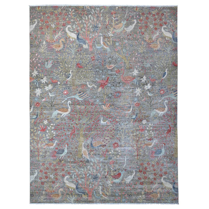 9'x12' Delray Gray, Afghan Peshawar Bird Paradise Design, Hand Knotted, Organic Wool Abrash, Vegetable Dyes, Oriental Rug FWR533958