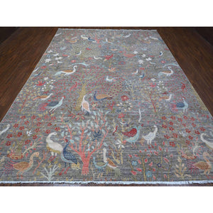 9'x12' Delray Gray, Afghan Peshawar Bird Paradise Design, Hand Knotted, Organic Wool Abrash, Vegetable Dyes, Oriental Rug FWR533958