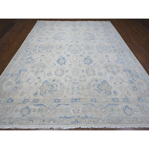 9'10"x12'4" Heron White With Blue Border, Fine Peshawar With All Over Mahal Design, Touches Of Blue, Hand Knotted, Squarish Pure Wool Oriental Rug FWR534012