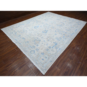 9'10"x12'4" Heron White With Blue Border, Fine Peshawar With All Over Mahal Design, Touches Of Blue, Hand Knotted, Squarish Pure Wool Oriental Rug FWR534012