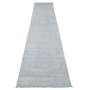 2'9"x12'1" Goose Gray, Wool Weft With Vegetable Dyes, Hand Knotted, Faded Rural Medallions All Over Design, Afghan Angora Oushak, Runner Oriental Rug FWR534126