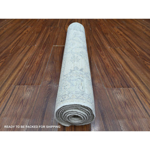 2'7"x8'2" Nebulous White And Baby Blue, Hand Knotted Washed Out Runner With All Over Design, Organic Wool, Fine Peshawar Oriental Rug FWR534192