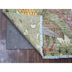 2'9"x6' Laurel Green, Birds of Paradise Design, Natural Wool, Hand Knotted Natural Dyes, Afghan Peshawar, Runner Oriental Rug FWR534288