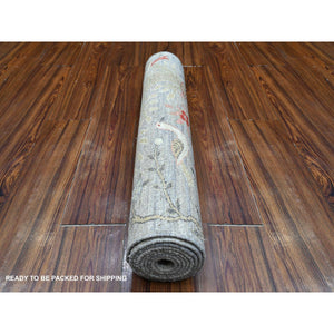 2'8"x7'9" Cadet Gray, 100% Wool, Natural Dyes, Afghan Peshawar, Hand Knotted Birds Of Paradise Design, Abrash, Runner Oriental Rug FWR534312