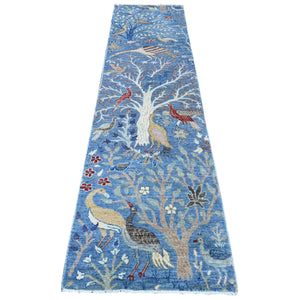 2'6"x9'9" Atlantic Blue, Hand Knotted Vegetable Dyes, Natural Wool, Afghan Peshawar With Birds of Paradise Design, Runner Oriental Rug FWR534402