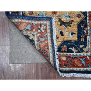 2'6"x8'1" Marine Blue And Vermilion Red Border, Fine Aryana Caucasian Akstafa Design, Hand Knotted Shiny Wool, Runner Oriental Rug FWR534480