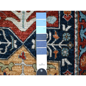 2'6"x8'1" Marine Blue And Vermilion Red Border, Fine Aryana Caucasian Akstafa Design, Hand Knotted Shiny Wool, Runner Oriental Rug FWR534480