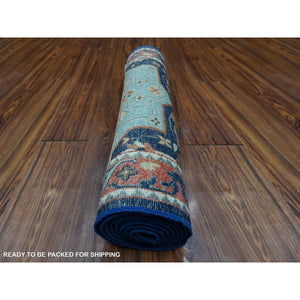 2'6"x8'1" Marine Blue And Vermilion Red Border, Fine Aryana Caucasian Akstafa Design, Hand Knotted Shiny Wool, Runner Oriental Rug FWR534480