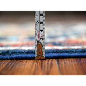 2'6"x8'1" Marine Blue And Vermilion Red Border, Fine Aryana Caucasian Akstafa Design, Hand Knotted Shiny Wool, Runner Oriental Rug FWR534480