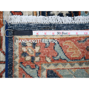 2'6"x8'1" Marine Blue And Vermilion Red Border, Fine Aryana Caucasian Akstafa Design, Hand Knotted Shiny Wool, Runner Oriental Rug FWR534480