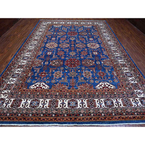 9'10"x13'5" Periwinkle Blue With Daisy White Border, Vegetable Dyes, Super Kazak Geometric Elements, Velvety Wool, Hand Knotted, Oriental Rug FWR534630