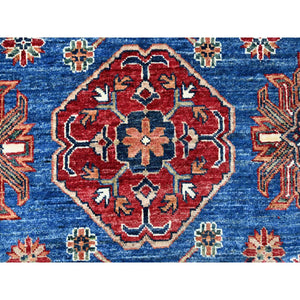 9'10"x13'5" Periwinkle Blue With Daisy White Border, Vegetable Dyes, Super Kazak Geometric Elements, Velvety Wool, Hand Knotted, Oriental Rug FWR534630
