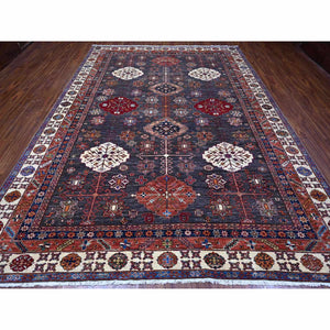 9'x12'3" Graphite Gray With Ivory Border, Tribal Medallions Natural Dyes, Hand Knotted Afghan Super Kazak, Vibrant Wool Oriental Rug FWR534642