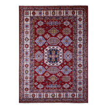 Load image into Gallery viewer, 8&#39;10&quot;x12&#39;5&quot; Scarlet Red, Afghan Super Kazak with Geometric Elements, Vegetable Dyes, Pure and Shiny Wool, Hand Knotted, Oriental Rug FWR534792